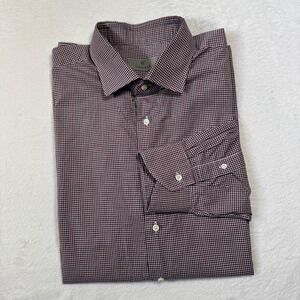 Canali Dress Shirt Mens 46-18 Burgundy Red Blue Gingham Check Long Sleeve Italy